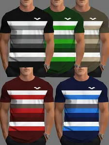5pcs Men's Trendy 3D Print Striped V-Neck Short Sleeve T-Shirts - Tropical Breathable Crew Neck Streetwear Casual Sport Shirts, Machine Washable Regular Fit, Versatile Apparel, Modern Design, Durable Material