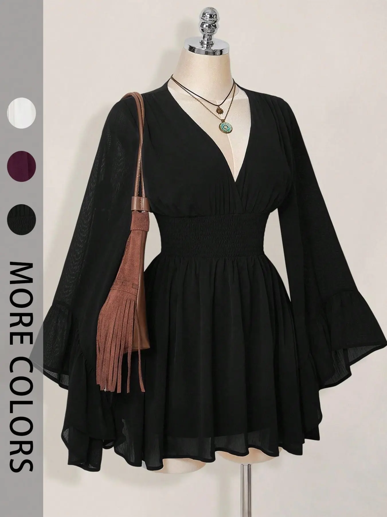 Women's Casual Cute Chic Long Sleeve Waist-Cinched V-Neck Short Dress, Stylish Fashion Feminine Dress, Elegant Summer Clothes, Perfect for Everyday Wear