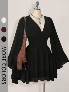 Women's Casual Cute Elegant Flared Long Sleeve Waist Cinched V-Neck Short Dress, Stylish Summer Fashion, Perfect for Daily Wear