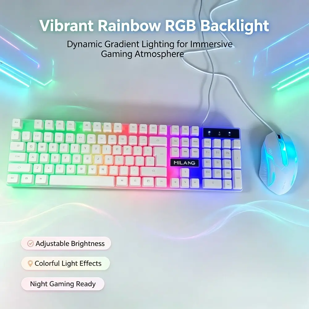 USB wired rainbow backlit keyboard and mouse set, 104 key full-size waterproof illuminated gaming keyboard with dazzling photoelectric gaming mouse suitable for indoor leisure, e-sports and office peripherals on desktop and laptop computers
