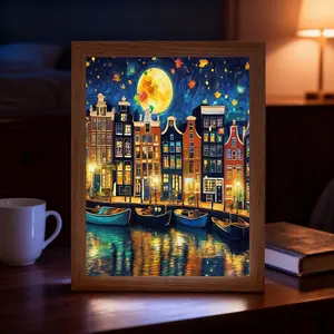 Amsterdam Starry Night Canal Mirror, Creative LED Art Frame, Wall or Table Decor, Three Light Color Adjustments, Birthday Gift