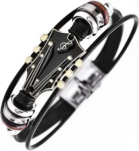 Retro Guitar Piano Leather Bracelet for Man Women Unique Bead Braided Handmade Ethnic Tribal Cuff Multi-Layer Cords Wrap Music Shape Punk Rock Jewelry Gifts Wristband