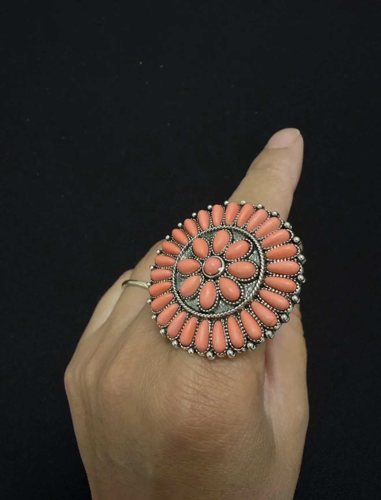 Vintage Coral Style Flower Statement Ring Boho Western Adjustable Silver Tone Floral Ring for Women