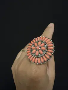 Vintage Coral Style Flower Statement Ring Boho Western Adjustable Silver Tone Floral Ring for Women