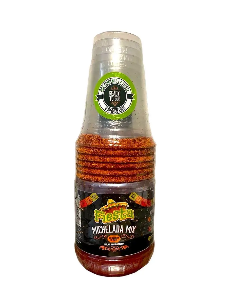 Fiesta's Ready To Go Michelada Bottle with 6 Pre-Rimmed Party Cups Classic & Mango Flavor Set for Any Party or Gathering Chili Mix