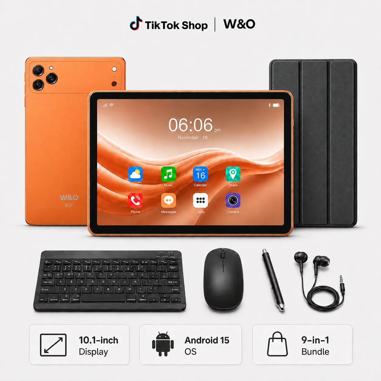 W&O 11-inch Tablet with Cellphone Compatibility, Android 15, 5G WiFi, 12GB RAM + 256GB Expandable Storage, 10000mAh Long-Lasting Battery, Keyboard, Mouse, Case, Stylus, Dual Camera, Portable Work Device, Back to School Valentine's Day Gift Bundle
