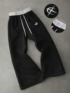 Mens Wide Leg Sweatpants  Fake double-layer Drawstring Pants Comfortable Straight Leg Casual Lounge Trousers with Elastic Waist Contrast Waist Detail Small Front Logo Relaxed Streetwear Silhouette Full Length Comfort Pants for Daily Wear and Travel Outfit