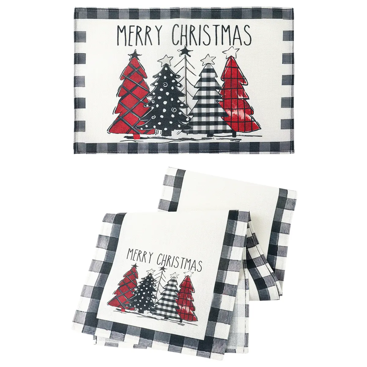 Christmas Cotton Linen Table Runner & Placemats Set (5-Piece), Red Festive Decor with Snowman, Xmas Tree & Snowflakes, 1pc (13*70in) Runner + 4pc Washable Mats for Home Kitchen Dining