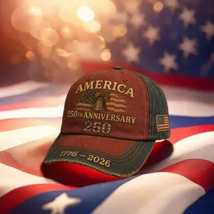 Patriotic Baseball Cap Celebrating 250th Anniversary (1776 - 2026) "250th Anniversary" logo, an embroidered American flag pattern, and the year marking "1776-2026". It is perfect for history enthusiasts, patriots, fathers, husbands, or friends to wear.