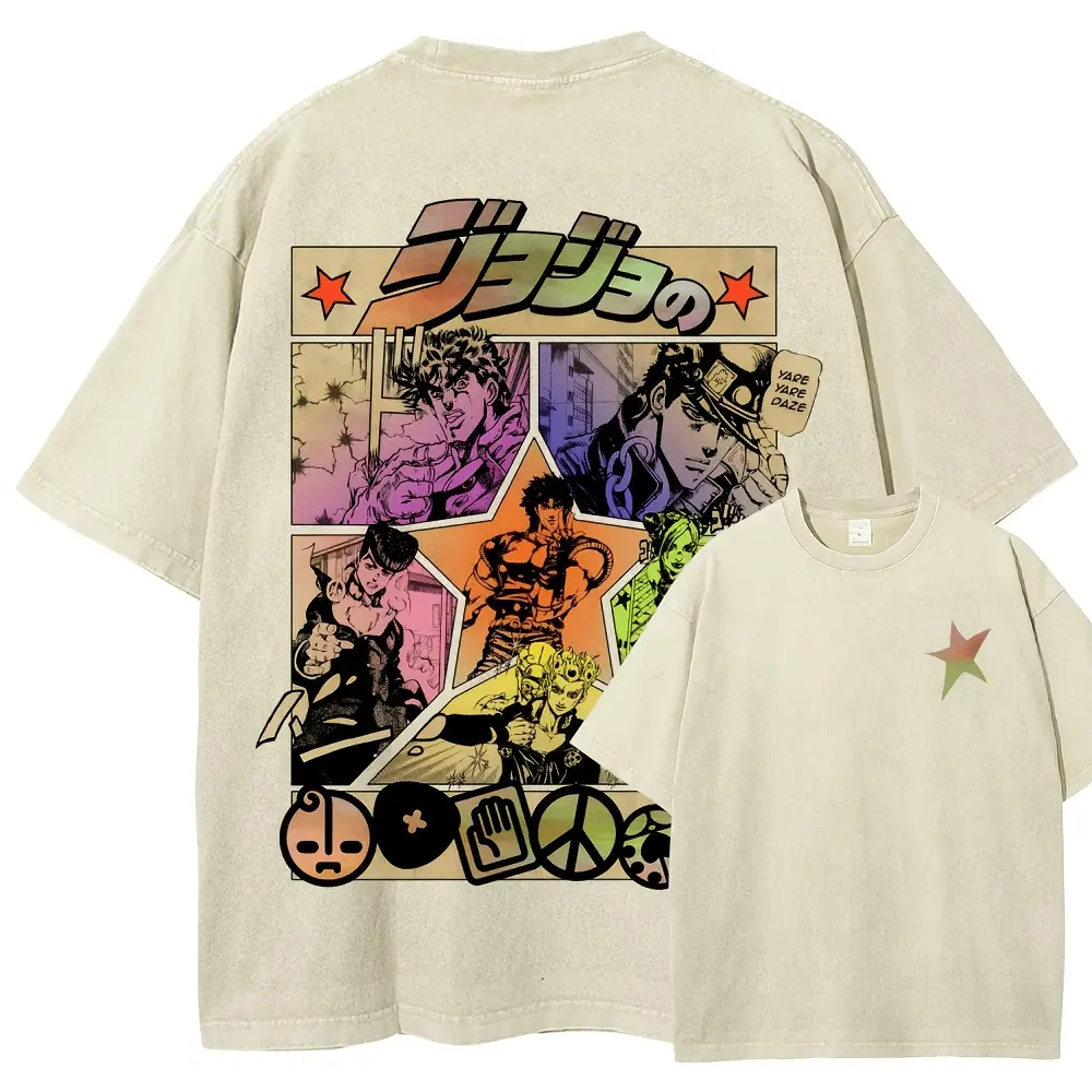 Men's Vintage Jojo's Bizarre Adventure Graphic Short-Sleeve Fitted T-Shirt - Distressed Washed Round Neck Top, Festive Menswear, Father's Day Gift, Shortsleeve, Mens Gifts, Good Graphic Tees, Anime Merchandise, Streetwear, Cargo, Cotton, Fabric, Soft, Vin