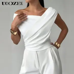 UOOZEE Women's White Asymmetric Pleated Crop Top (Only), Elegant Pleated Asymmetric Neckline Short Sleeves Skinny Casual Pullover Tops(One Size Up Recommended for C - Cup and Above)