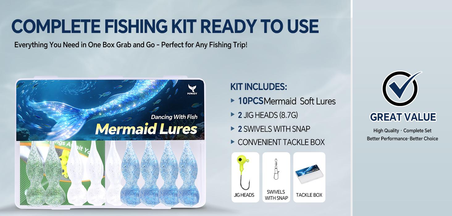 POWJOY Mermaid Soft Fishing Lures, 10PCS Swimbaits with Ultra-Thin Tail, Realistic Bionic Soft Plastic Lures with Flash for Bass Trout, Freshwater Fishing Lure Kit with Jig Heads & Swivels