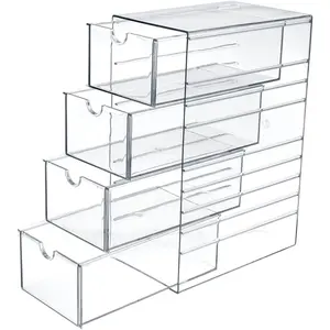 Plastic Drawer Organizer Clear Hair Accessories Organizer Box with 4 Pull Out Drawer Compact Storage Box for Cabinet Vanity Bathroom Pantry Office or Closet Organization
