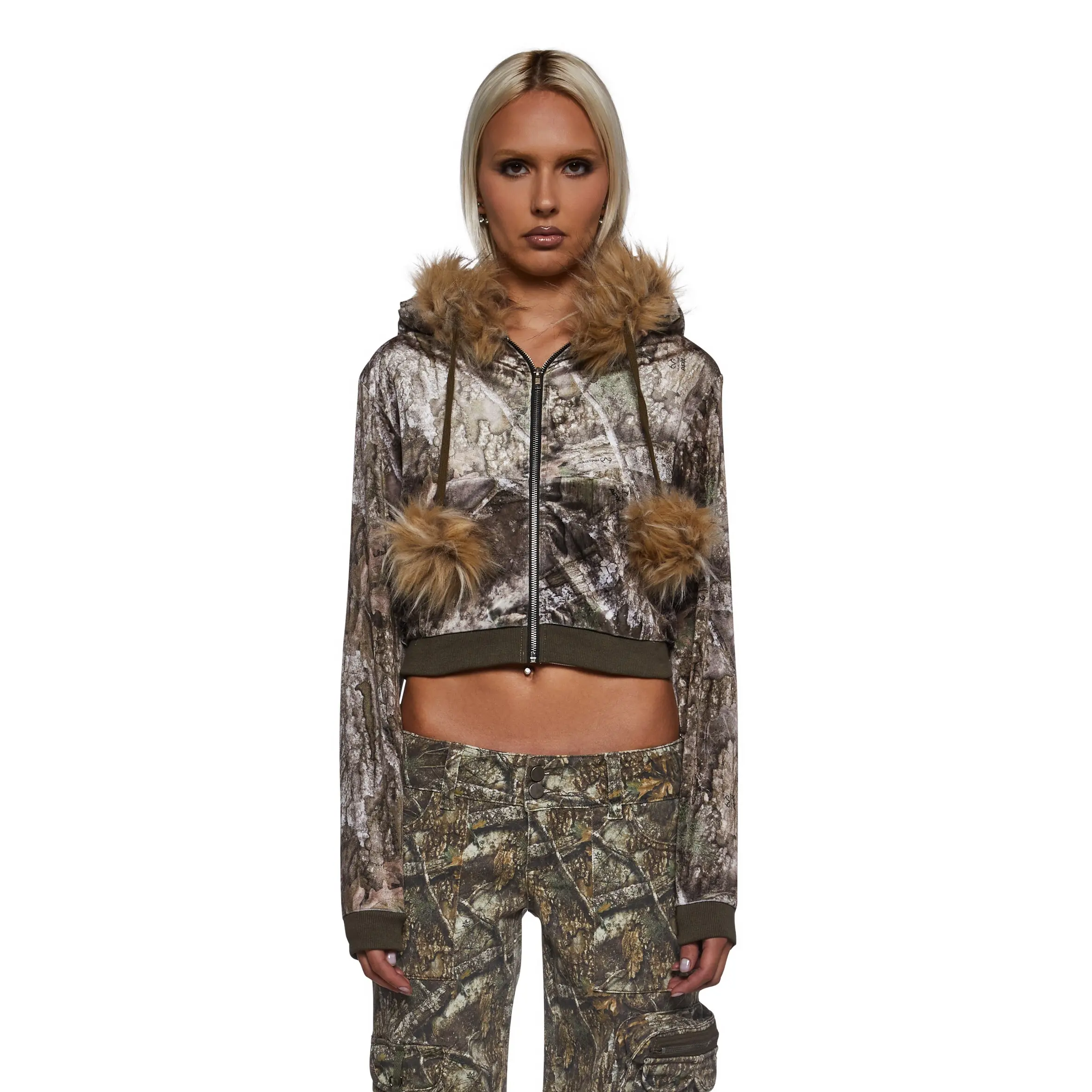 Camo Velour Hoodie With Faux Fur Trim Camo Velour Hoodie With Faux Fur Trim
