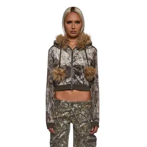 Camo Velour Hoodie With Faux Fur Trim