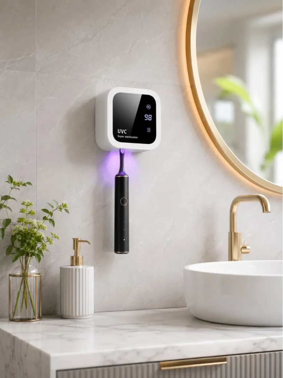 Wall-Mounted Rechargeable Battery Smart Toothbrush Holder Sterilizer - LED Smart Screen, Built-In Timer, Portable Bathroom Storage, Space-Saving Hygienic Organizer (Toothbrush Holders Category)