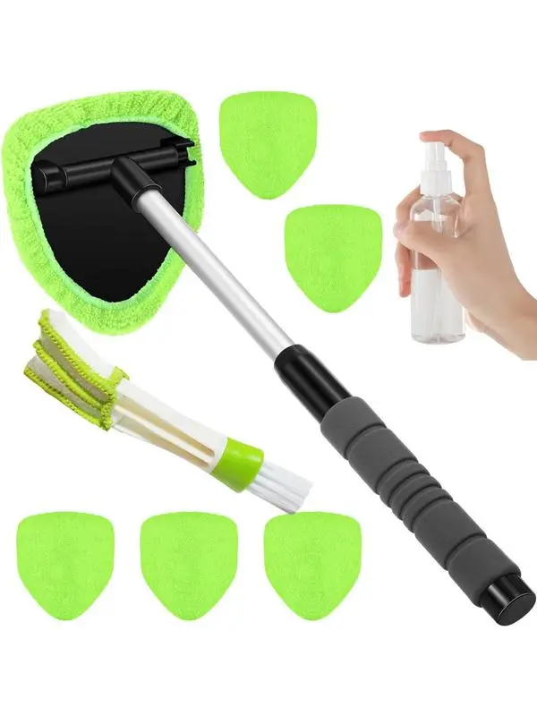 Telescopic Car Window Cleaner with Microfiber Pad No Streaks No Scratches for Windshield and Side Windows Fits in Door Pocket Easy Storage Car Cleaning Supplies（1 plastic part + 6 cloth covers + 1 100ML bottle + 1 detail brush）