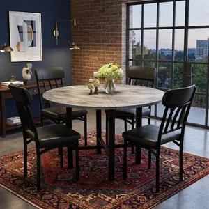 5 Piece Round Dining Table Set for 4, Grey MDF Wooden Tabletop Dining Set with Ergonomic Curved Backrest Metal Chairs, Waterproof Anti-corrosion Space Saving Dinner Table Set, Easy Assembly Classic Home Furniture for Kitchen Living Room Apartment