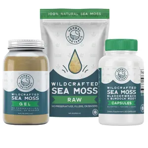 Herbal Vineyards 90 Day Gold Sea Moss Bundle Raw Sea Moss, Gold Sea Moss Gel 16oz & Capsules Wildcrafted Organic Non-GMO Vegan Unflavored