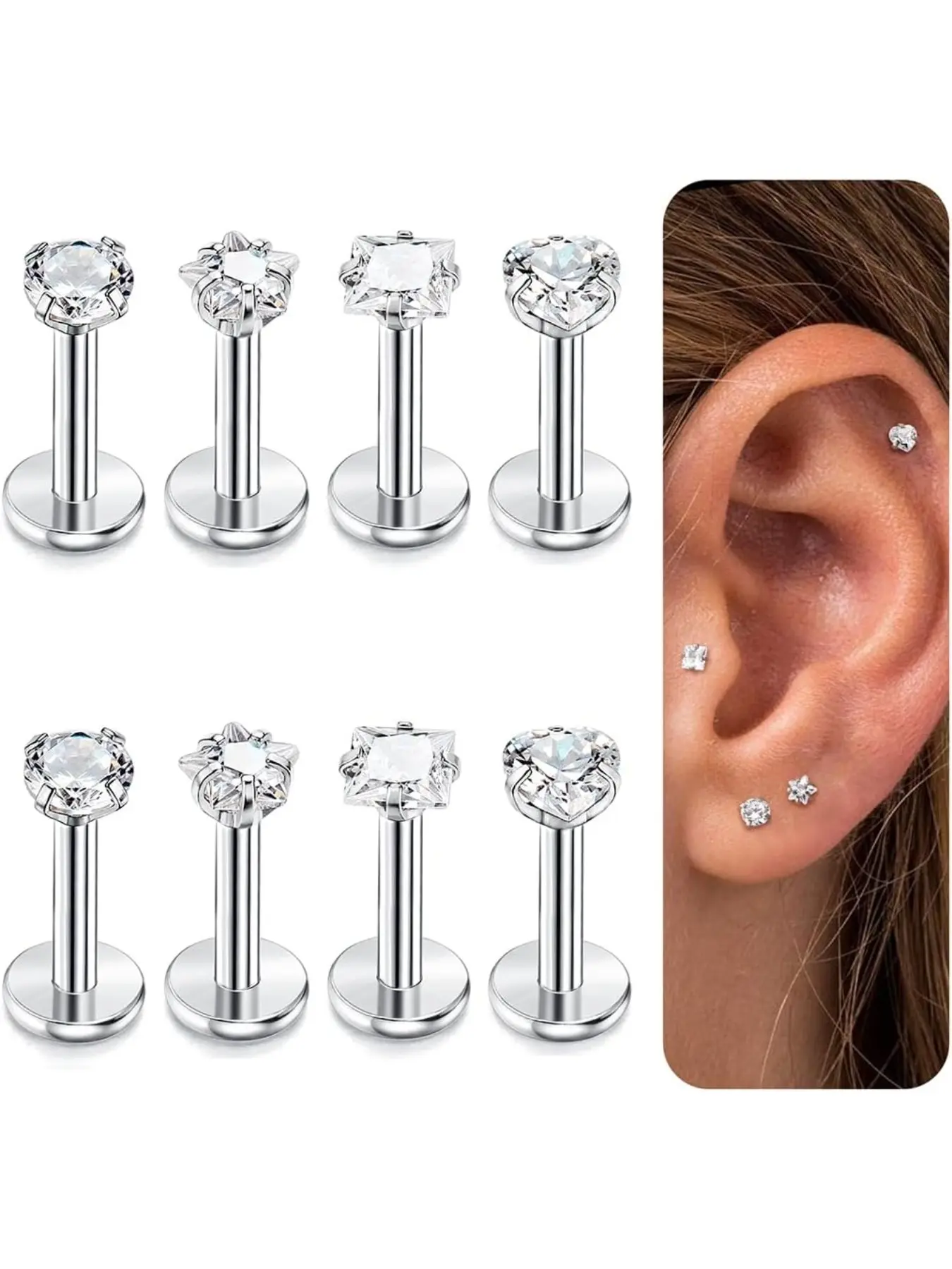 8 Pcs Internally Threaded Labret Stud Lip Rings, 16g Stainless Steel, Medusa Monroe Piercing, 6mm 8mm 10mm, Casual Style, All Seasons, Body Jewelry