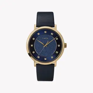 Timex Women's Blue Leather Watch, Brass Case