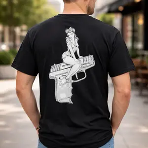 Black T-Shirt with Pin-Up & Gun Design on Back for Men Menswear Top