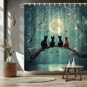 Moonlight Cats Shower Curtain - Surreal Fantasy with Four Cats on Blossom Branch, Glowing Full Moon & Teal Sky Butterflies - Machine-Washable Polyester Bathroom Decor 12 Hooks - Unique Housewarming Gift, Bathroom Accessories Decor