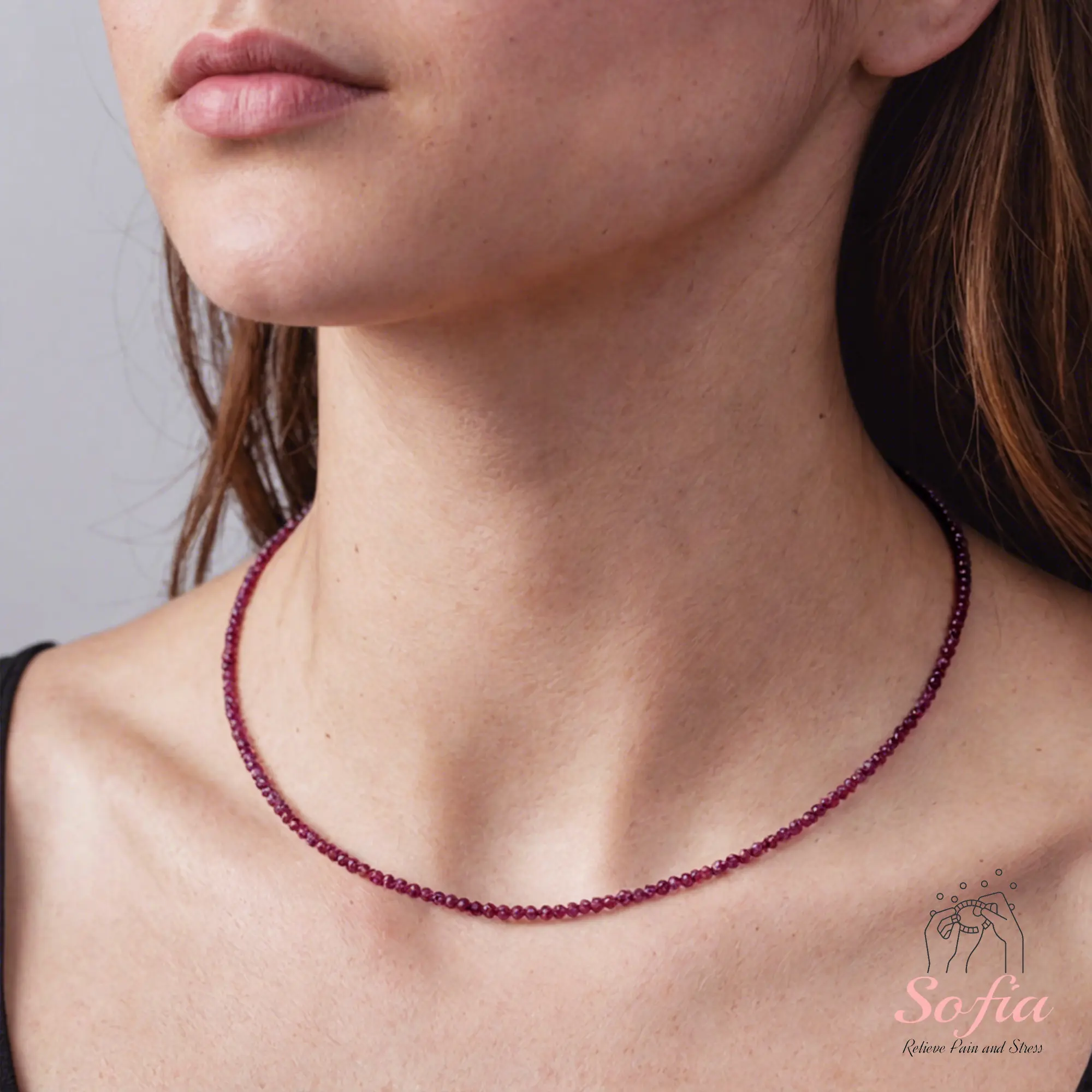 Tiny Gemstone Beaded Choker Necklace, Dainty Faceted Garnet Gemstone Beaded Necklace, Waterproof Crystal Beaded Choker, Dainty Minimalist Style for Women Handmade Adjustable, gift for her