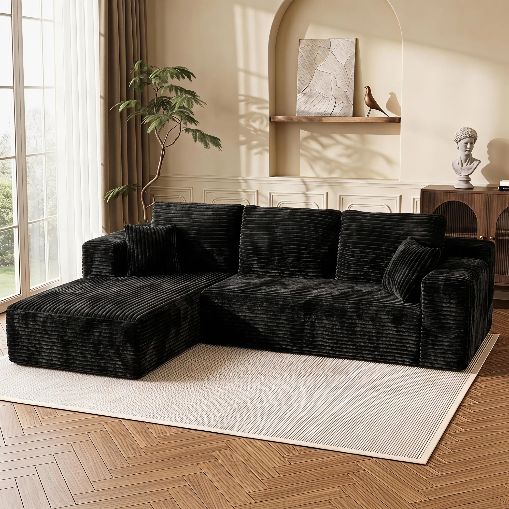 106 Inch Modular L-Shaped Corduroy Sectional Sofa with Chaise Lounge, Moderate Deep Seat, No Assembly Required, Black, Ideal for Small Apartments and Living Rooms