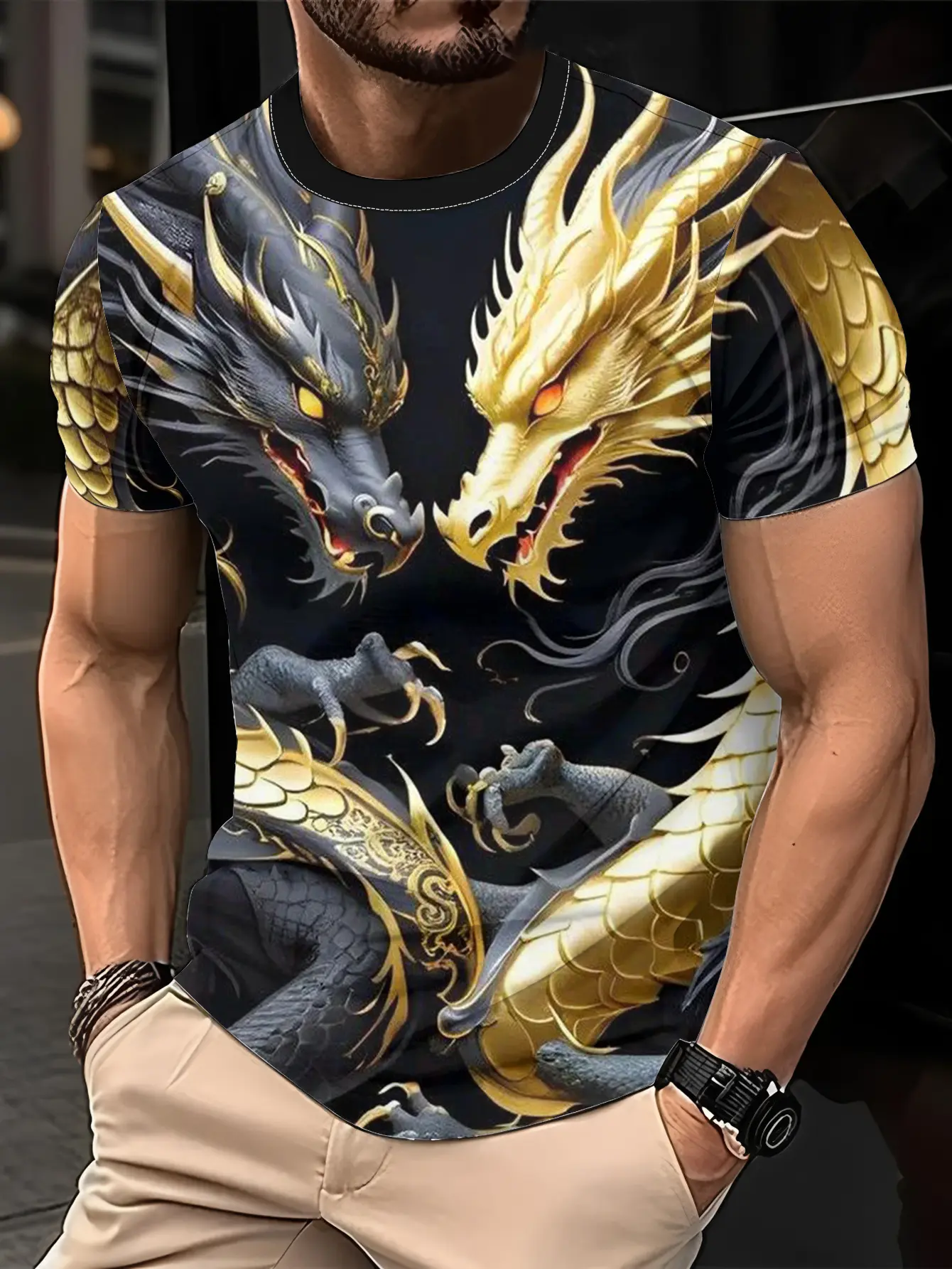 Men'S Short-Sleeved Shirt with 3D Digital Printing Pattern - Black And Golden Casual Crew Neck Top, Suitable for All Seasons, Washable, Suitable for Men And Teenagers, Plus Size