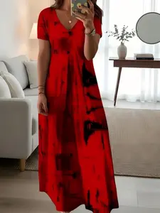 Plus Size Women's Long Dress, 9 Color Options, Casual Artistic Ink Print, Short Sleeve, Perfect for Daily Wear and Home Use