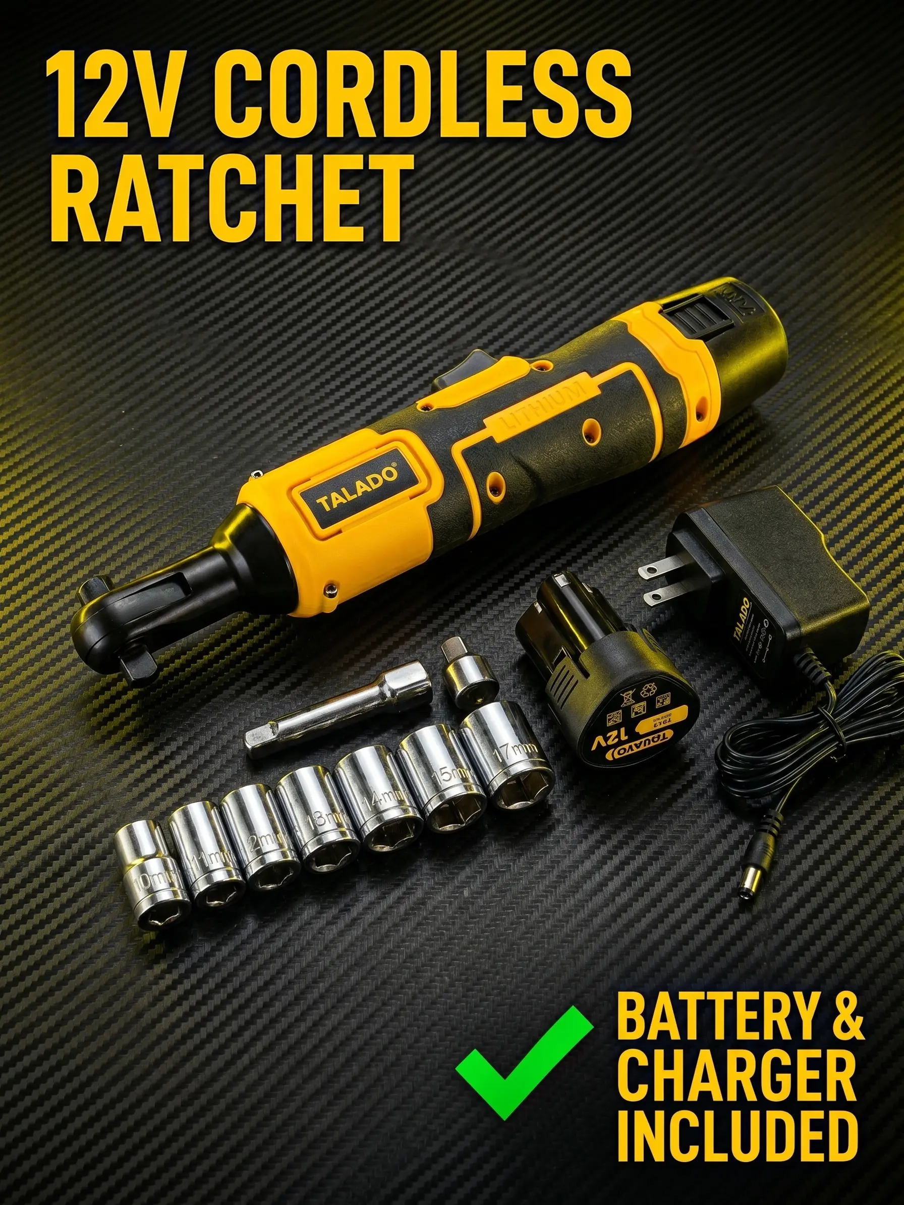 TALADO 12V Cordless Ratchet Wrench Set - 3/8" Lithium Battery Wrench Kit with 2.0Ah Li-ion Battery, Charger, 9pc Sockets & Extension Bar for Car Repair