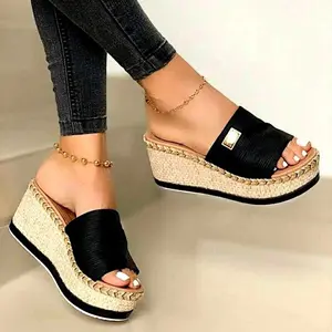 Women's Stylish Thick-Bottom Platform Espadrille Wedge Footwear - Slip-On, Open-Toe, Solid Casual Summer Mule Sandals, Espadrille Wedges