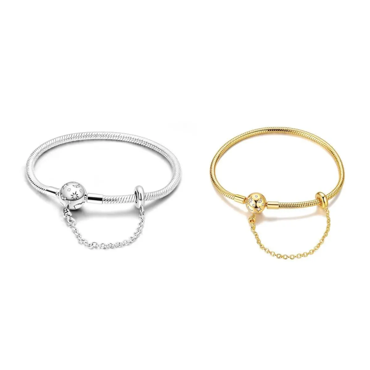 MULA Star Moon Safety Chain Bracelet - 925 silver-plated Zircon Classic Snake Bone Chain - Lucky Bracelet Fits all Pandora beads and charms Ideal gift for girls and women, Charm Bracelets