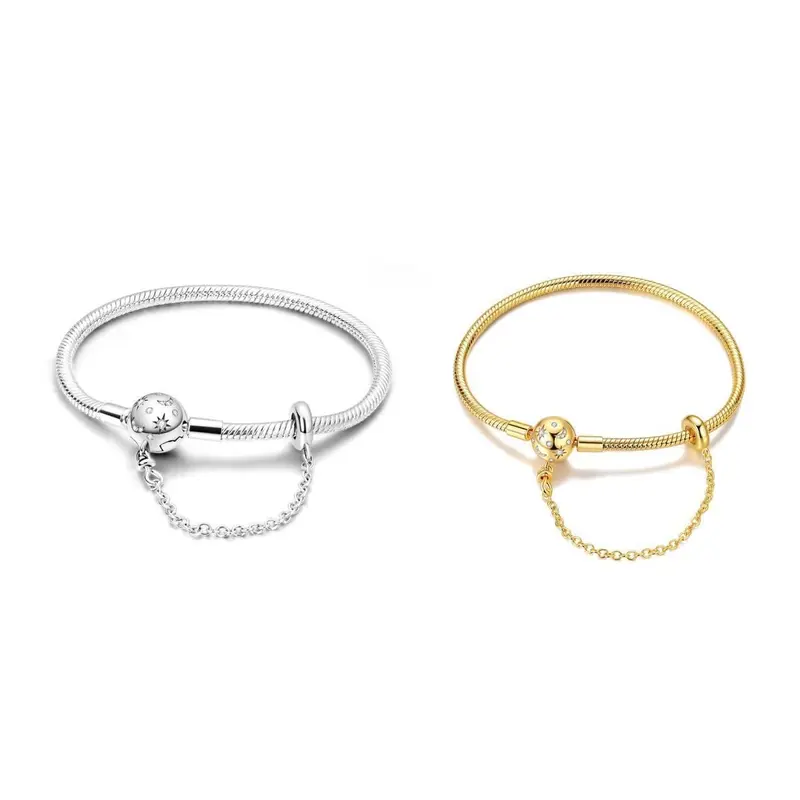 MULA Star Moon Safety Chain Bracelet - 925 silver-plated Zircon Classic Snake Bone Chain - Lucky Bracelet Fits all Pandora beads and charms Ideal gift for girls and women, Charm Bracelets