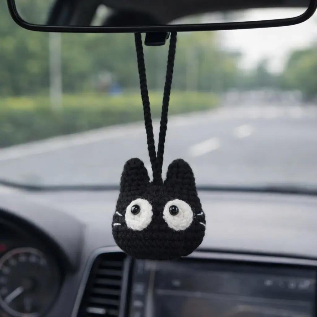 Handmade Valentine's Gift Crochet Black Cat Keychain Bag Charm Hanger Decor Car Hanging Decoration Wall Decorative Hand-crochet Gift for Kids/Her/Him