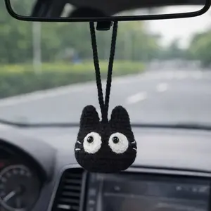 Handmade Valentine's Gift Crochet Black Cat Keychain Bag Charm Hanger Decor Car Hanging Decoration Wall Decorative Hand-crochet Gift for Kids/Her/Him