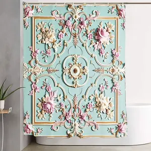 1/4pcs Vintage Rococo-Inspired Bathroom Ensemble - Elegant Pale Mint Shower Curtain Set with Cream, Gold and Flower Accents, Floral Bath Mats, and Stylish Toilet Seat Cover - Romantic 18th Century European Decor for a Dreamy Retreat