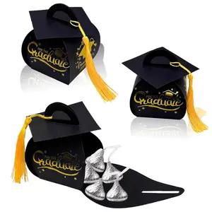 30 Pcs Graduation Cap Gift Box Graduation Party Favors Candy Boxes Treat Box with Tassel Table Centerpieces Class of 2026 Grad Decorations(Black, Gold)