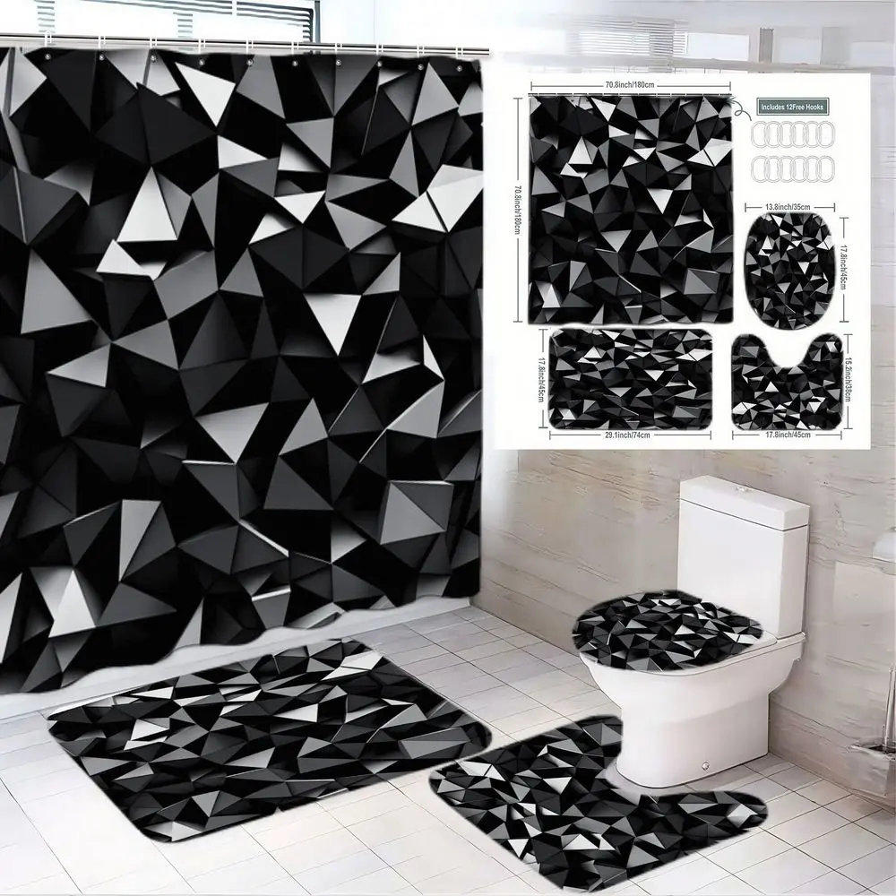 1/4pcs Black & White Geometric Bathroom Set, Bathroom Accessory, Modern Bathroom Decor, Shower Curtain Sets with Angular Interlocking Pattern, Matching Bath Mat & Toilet Seat Cover, Small Bidet Mat, Modern Polygon Design, Perfect for Minimalist Bathrooms