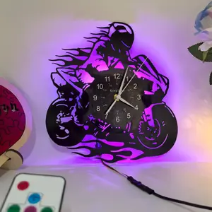 1pc LED Motorcycle Vinyl Record Wall Clock - 7-color Led Light Retro Themed Silent Quartz Clock, No Ticking, Vintage Home Decor for Living Room, Bar (AA Battery Not Included), Bedroom Wall Clock| Motorcycle Design, Quartz Movement| USB Powered Clocks