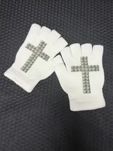 Autumn Winter Cross Print Half-Finger Gloves, Punk Style Y2K Hot Girl Fashion, Street Trendy Cool Girl Essential, Touch Screen Gloves