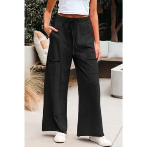 Black Mineral Wash Exposed Seam Drawstring Elastic Waistband Wide Leg Cargo Pants