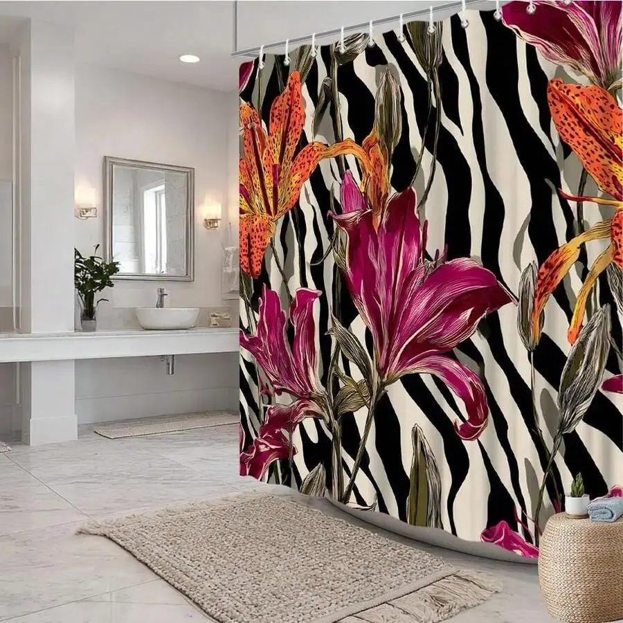 1pc Minimalist Multicolor Floral Zebra Print Decorative Shower Curtain - Elegant Lily Flowers, Striped Background, Lightweight Waterproof Polyester Fabric, Bathroom Accessory with Hooks for Tub Separation