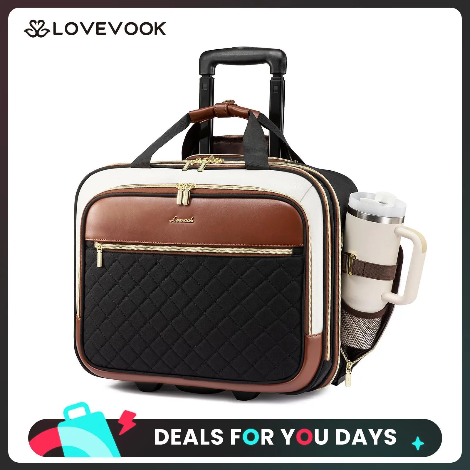 LOVEVOOK Rolling Laptop Bag Women, 17.3 Inch Laptop Briefcase with Wheels, Soft Sided Underseat Carry On Luggage Personal Item Suitcase for Work Travel Business, Black Brown DealsForYouDays DealsForYouDays