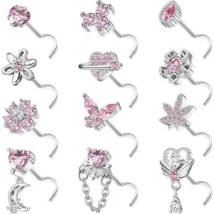 FASACCO 12PCS 20G Nose Rings Surgical Stainless Steel L Shaped Nose Studs for Women Men CZ Heart Butterfly Flower Leaf Moon Dangle Cute Nose Piercings Studs Screw Jewelry Pink