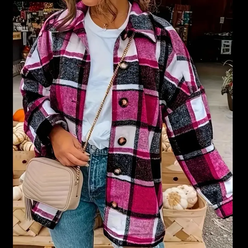 Women’s Plaid Wool Flannel Shacket  Long Sleeve Button Down Oversized Shirt Blouse Collared Comfort Casual Basic Tops