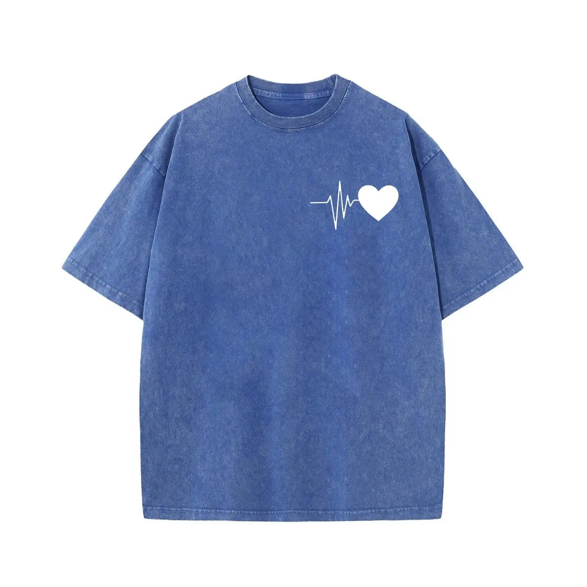 Women's Vintage Oversized T-Shirt with ECG Heart Graphic, Loose Fit Acid Wash Round Neck Street Fashion Top, Streetwear, Tshirt