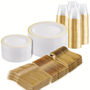 600 PCS Golden Disposable Dinnerware Set Include: 100 Golden Dinner Plates, 100 Golden Dessert Plates, 300 Golden Plastic Silverware And 100 Golden 9 OZ Cups, Perfect For Wedding Birthday Party Round Transparent Acrylic