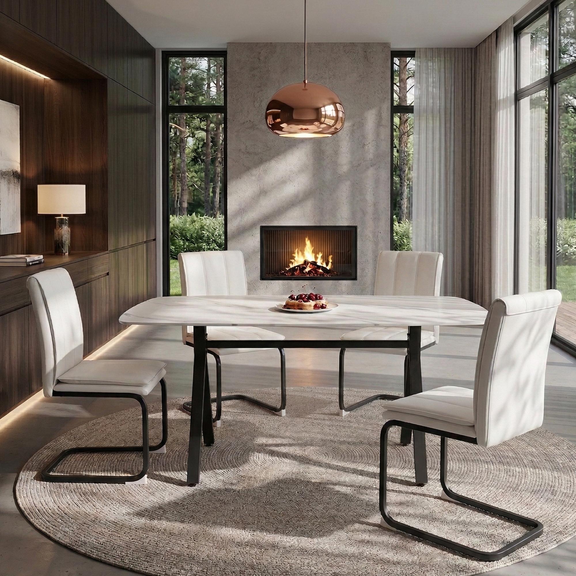 51.2"L x 27.6"W x 29"H Rectangular Dining Table – Tempered Glass Marble-Pattern Top & Metal Legs for Kitchen, Living Room, Restaurant